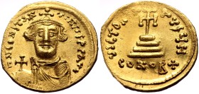 Constans II, AV, Solidus. (Gold, 4.32 g. 21 mm.) Constantinople. 641-668 AD.
Obv: δ N CONSTANTINUS P P AVG, Crowned and draped bust facing, holding g...