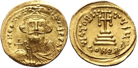 Constans II, AV, Solidus. (Gold, 4.49 g. 22 mm. Constantinople. 641-668 AD.
Obv: δ N CONSTANTINUS P P AVG, bust facing with long beard and moustache,...