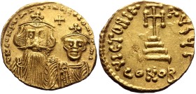 Constans II with Constantine IV, AV, Solidus. (Gold, 4.31 g. 21 mm.) Constantinople. 641-668 AD.
Obv: δ N CONSTANTINЧS C CONSTAN, Crowned and draped ...
