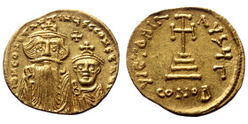 Constans II with Constantine IV, AV, Solidus. (Gold, 4.38 g. 20 mm.) Constantinople. 641-668 AD.
Obv: δ N CONSTANTINЧS C CONSTAN, Crowned and draped f...