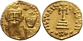 Constans II with Constantine IV, AV, Solidus. (Gold, 4.36 g. 20 mm.) Constantinople. 641-668 AD.
Obv: δ N CONSTANTINЧS C CONSTAN, Crowned and draped ...