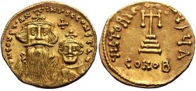 Constans II with Constantine IV, AV, Solidus. (Gold, 4.36 g. 20 mm.) Constantinople. 641-668 AD.
Obv: δ N CONSTANTINЧS C CONSTAN, Crowned and draped ...