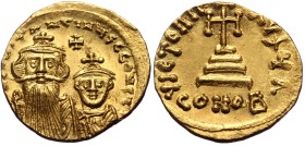 Constans II with Constantine IV, AV, Solidus. (Gold, 4.50 g. 21 mm.) Constantinople. 641-668 AD.
Obv: δ N CONSTANTINЧS C CONSTAN, Crowned and draped ...