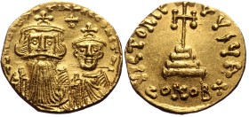 Constans II with Constantine IV, AV, Solidus. (Gold, 4.40 g. 20 mm.) Constantinople. 641-668 AD.
Obv: δ N CONSTANTINЧS C CONSTAN, Crowned and draped ...