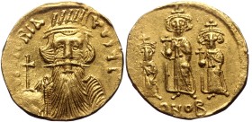 Constans II, Constantine IV, Heraclius, and Tiberius, AV, Solidus (Gold, 4.33 g. 20 mm.) Constantinople. 641-668 AD.
Obv: Constantine IV, in centre, ...