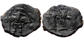 Constans II (641-668) AE follis (Bronze, 4.06 g. 21mm.) Anepigraphic, Constantinople, 659/60 AD.
Obv: Constans II standing facing, with long beard, we...