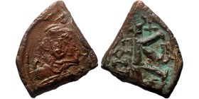 Anastasius II (?),AE, Half Follis. (Bronze, 5.72 g. 28mm.) Constantinople. 713-715 AD.
Obv: Crowned bust facing with short beard, wearing chlamys, ho...