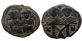 Leo IV The Khazar with Constantine VI, Leo III and Constantine V, AE, Follis. (Bronze, 3.60 g. 25 mm.) Constantinople. 775-780 AD.
Obv: Leo IV unbeard...