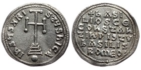 Basil I, Constantinus, AR, Miliarense (Silver, 2.57 g. 23 mm.) 868-879 AD.
Obv: IhSЧS XRI-SτЧS hICA, cross potent set on three steps atop globe.
Rev...
