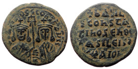 Basil I the Macedonian and Constantine. AE, Follis. (Bronze, 8.01 g. 28mm.) Constantinople. 867-886 AD.
Obv: [+ ЬASIL]O S COҺST ЬASILIS. Basil, crowne...