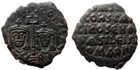 Basil I and Constantine, AE, Follis. (Bronze, 4.94 g. 24mm.) Constantinople. 868-870 AD.
Obv: [+ ЬASILIO]S S COҺST A[ЧGG'], crowned facing busts of Ba...