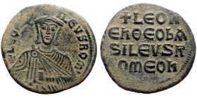Leo VI. AE, Follis. (Bronze, 7.08 g. 26mm.) Constantinople. 886-912 AD.
Obv: LEON bASILEVS ROM. Crowned bust facing with short beard, wearing chlamys...