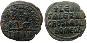 Leo VI and Alexander, AE, Follis (Bronze, 5.44 g. 25mm.) Constantinople, 886-912 AD.
Obv: [+ LЄ]OҺ S ALЄXAҺδRO[S], Crowned figures of Leo and Alexande...