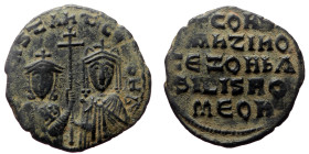 Constantine VII and Zoe, AE, Follis. (Bronze, 4.80 g. 25mm.) Constantinople, 913-959 AD.
Obv: +COҺSƮAҺƮ' C[Є ZOH, b'], crowned facing busts of Constan...