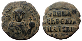 Romanus I, AE, Follis (Bronze, 7.05 g. 26mm.) Constantinople. 913-959 AD.
Obv: [+ RωM]AҺ ЬASILЄVS Rω[M], Crowned facing bust of Romanus, holding globu...