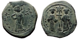 Constantine X Ducas and Eudocia AE, Follis (Bronze, 9.28 g. 30mm.) Constantinople. 1059-1067 AD. Overstruck.
Obv: + EMMA NOVHA, Christ standing facin...