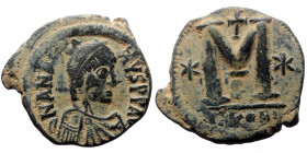 Anastasius I. AE, Follis. (Bronze, 18.41 g. 36mm.) Constantinople. 491-518 AD. 
Obv: DN ANA[STAS]IVS P P A[VG], pearl diademed, draped, cuirassed bust...