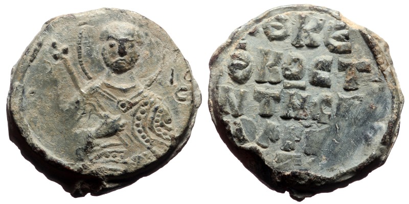 PB Byzantine lead seal of Constantine (11th century AD).
Obv: Bust of a Saint; ...