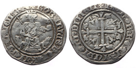 Kingdom of Naples, Italy. Robert I the Wise (1309-1343), AR, Gigliato. (Silver, 3.76 g. 26mm.)
Obv: Robert I seated with a lion to each side, and hold...