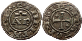 Henry VI and Constance (1194-1196) AR Denaro (Silver, 0.87g, 17mm) Brindisi. Very rare 
Obv: + HE INPERATOR - Cross potent, two stars in field 
Rev: +...
