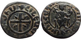 Kings of Armenia, Hetoum I (1226-1270) Æ Tank (Bronzem 6.60g, 28mm). Sis mint.
Obv: Hetoum seated facing on throne adorned with lions, holding lis-ti...