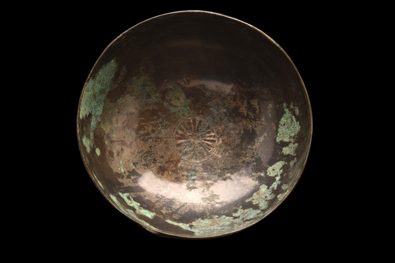 ACHAEMENID BRONZE VESSEL - SUPERB PATINA
Ca. 800-500 BC. 
A bronze libation bo...