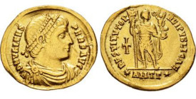 VALENS AV. SOLIDUS

AD 364-378. 
Valens Av. solidus, AD 364-378, Antioch mint, 3rd officina. Struck AD 364. DN VALENS PERF AVG; pearl-diademed, dra...