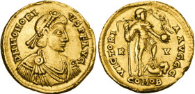 HONORIUS AV. SOLIDUS

AD 393-423. 
Honorius Av. solidus, AD 393-423, Ravenna mint. Struck AD 402-406. DN HONORIVS PF AVG; pearl-diademed, draped an...