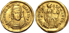 HONORIUS AV. SOLIDUS

AD 408-420. 
Honorius Av. solidus, AD 408-420, Constantinople mint. . D N HONORIVS P F AVG; pearl-diademed, helmeted and cuir...