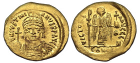 JUSTINIAN I AV. SOLIDUS

AD 545-565. 
Justinian I Av. solidus, AD 545-565, Constantinople mint. D N IVSTINIANVS P P AVC; helmeted and cuirassed bus...