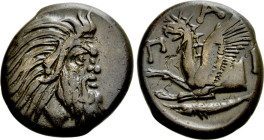 CIMMERIAN BOSPOROS PANTIKAPAION AE. TETRACHALKON

Ca. 310-304/3 BC. 
Cimmerian Bosporos Pantikapaion Ae. Tetrachalkon, ca. 310-304/3 BC. Bearded he...