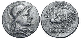 GRECO-BAKTRIAN KINGDOM, EUKRATIDES I MEGAS AR TETRADRACHM, . INDO-SKYTHIAN IMITATION

Ca. 170-145 BC. 
Greco-Baktrian Kingdom, Eukratides I Megas A...