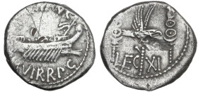MARK ANTONY AR. DENARIUS

32-31 BC. 
Mark Antony Ar. legionary denarius, 32-31 BC. ANT AVG III VIR R P C; praetorian galley right. Rev. LEG XI; leg...