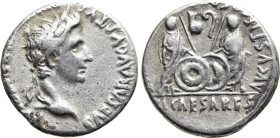 AUGUSTUS AR. DENARIUS

Ca. 27 BC-14 AD. 
Augustus Ar. denarius, 27 BC-14 AD, Lugdunum. CAESAR AVGVSTVS DIVI F PATER PATRIAE; laureate head right. R...