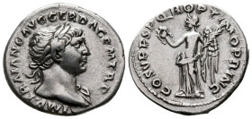 TRAJAN AR. DENARIUS

AD 98-118. 
Trajan Ar. denarius, AD 102-103. IMP CAES NERVA TRAIAN AVG GERM, laureate head right. Rev. PM TRP COS IIII P P; Vi...