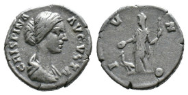 CRISPINA AR. DENARIUS

AD 178-182. 
Crispina Ar. denarius, A.D. 178-182. CRISPINA AVGVSTA; drapes bust right. Rev. IVNO; Juno standing left, holdin...