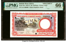 British West Africa West African Currency Board 20 Shillings 1.3.1954 Pick 10s Specimen PMG Gem Uncirculated 66 EPQ. Three POCs are noted on this exam...