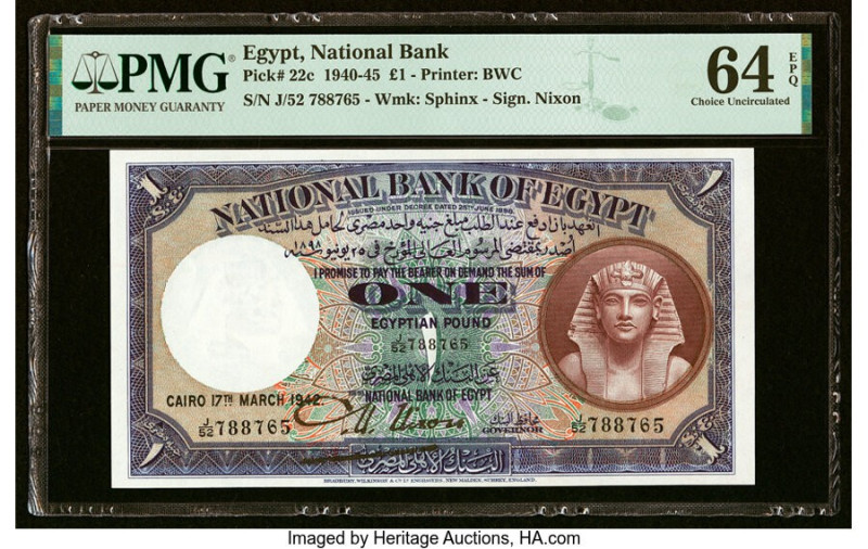 Egypt National Bank of Egypt 1 Pound 17.3.1942 Pick 22c PMG Choice Uncirculated ...