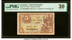 Germany Federal Republic U.S. Army Command 5 Deutsche Mark 1948 Pick 4d PMG Very Fine 30. This is the sole graded example on the PMG Population Report...