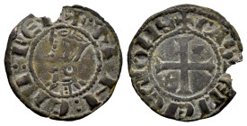 Reino de Castilla y León. Sancho IV (1284-1295). Seisen o Meaja Coronada. Cuenca. (Bautista-442). Ve. 0,63 g. Cuenco en 2º cuadrante y estrella en el ...