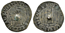 Reino de Castilla y León. Alfonso XI (1312-1350). Cornado. León. Santa Orsa. (Bautista-491). Ae. 0,88 g. L bajo el castillo. Perforación. MBC-. Est......