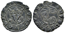 Reino de Castilla y León. Juan I (1379-1390). Blanca del Agnus Dei. Burgos. (Bautista-723 variante). Ve. 1,33 g. B-S a los lados de la Y coronada. Roe...