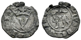 Reino de Castilla y León. Juan I (1379-1390). 1/2 blanca del Agnus Dei. Sin ceca. (Bautista-734). Ve. 0,65 g. Escasa. MBC-. Est...45,00.