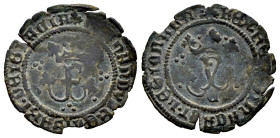 Fernando e Isabel (1474-1504). Blanca. Cuenca. (Cal-28). (Rs-531 var). Ae. 1,00 g. F entre grupos de 3 puntos, Y entre grupos de 3 puntos, debajo C. M...