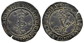 Fernando e Isabel (1474-1504). Blanca. Cuenca. (Cal-no cita). (Rs-no cita). Ae. 1,39 g. Rarísima variante de estilo en el diseño de F e Y, que no apar...