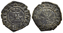 Fernando e Isabel (1474-1504). Blanca. Cuenca. Ae. 1,43 g. C invertida en reverso. Leyendas completas. MBC. Est...30,00.