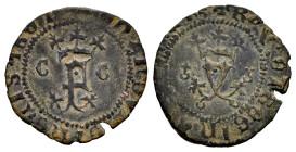 Fernando e Isabel (1474-1504). Blanca. Granada. (Cal-30). (Rs-585). Ae. 0,87 g. F entre G-G, Y entre globos crucíferos. MBC. Est...25,00.