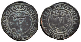 Fernando e Isabel (1474-1504). Blanca. Segovia. (Cal-42). (Rs-675). Ae. 1,21 g. F entre puntos, Y con grupo de 3 puntos a la derecha, debajo acueducto...
