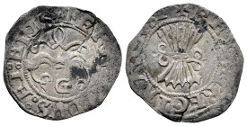 Fernando e Isabel (1474-1504). 1/2 real. Granada. (Cal-225). Ag. 1,56 g. G en anverso. Grieta. MBC-. Est...40,00.