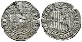 Fernando e Isabel (1474-1504). 1 real. Segovia. (Cal-376). Ag. 3,00 g. Anterior a la Pragmática. Grietas. Alabeada. MBC-. Est...150,00.